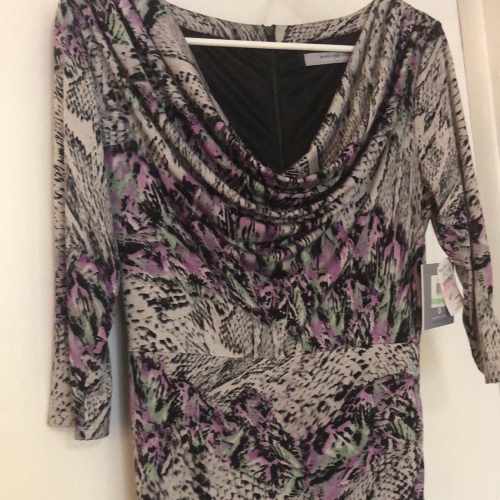 Andrew Marc Taupe, Purple & Green Cowl Neck Printed Dress